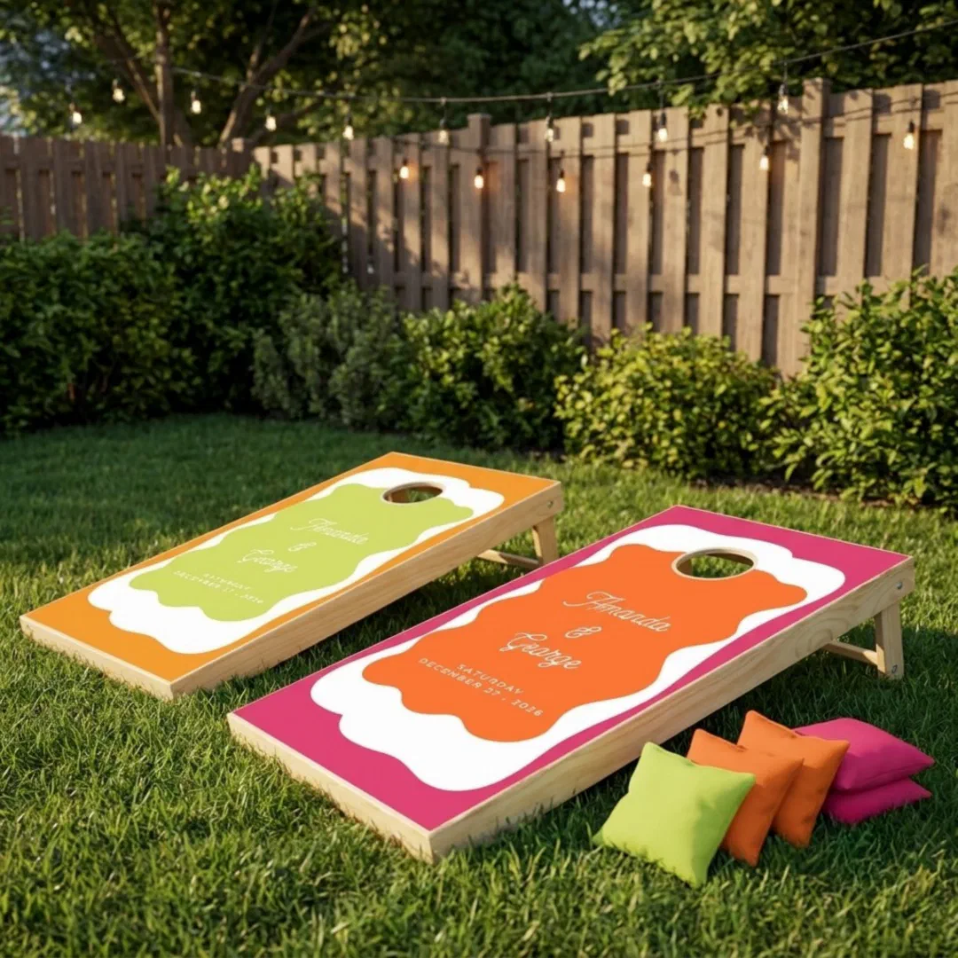 A personalized wedding cornhole set with wavy retro frames in orange, pink, and green, set up on a lawn with matching bean bags, string lights, and a wooden fence in the background.