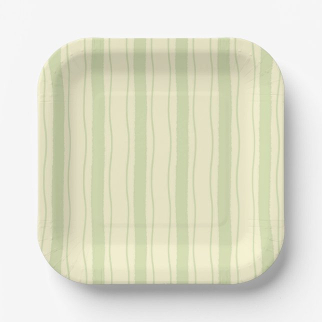 Retro Wavy Green and Yellow Stripes Paper Plates (Front)