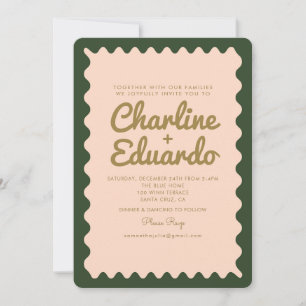 Retro Wavy Green Pink Golden Wedding Invitation