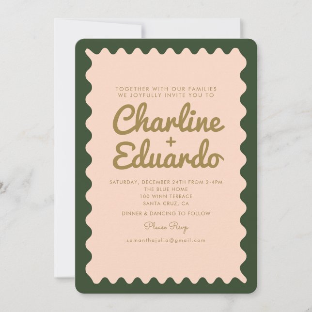 Retro Wavy Groovy Green Pink Wedding Invitation (Front)