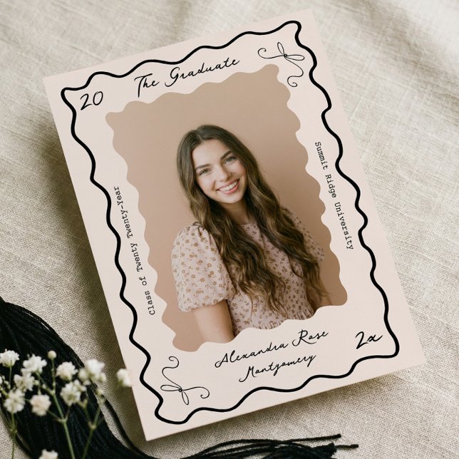 Retro Wavy Hand Drawn Bow Grad Photo Graduation Announcement (Retro Wavy Hand Drawn Bow Grad Photo Graduation Announcement)