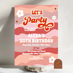 Retro Wavy Let's Party Adult Birthday Invitation