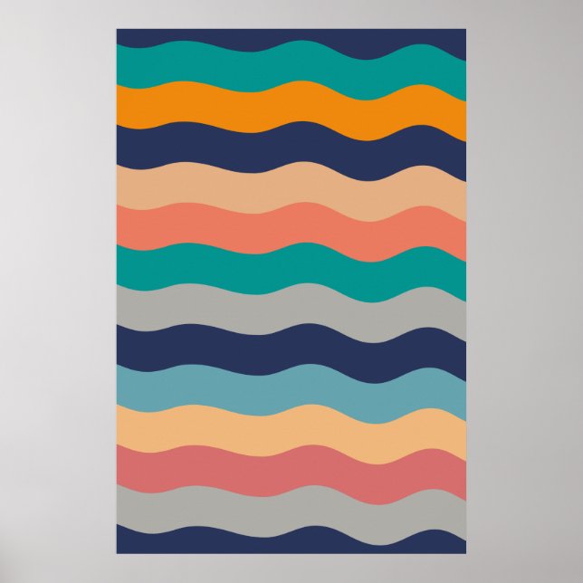 Retro Wavy Lines - Blue Turquoise Orange Poster (Front)