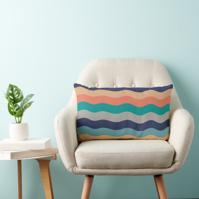 Retro Wavy Lines - Blue Turquoise Orange Throw Pil Lumbar Pillow (Chair)