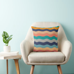 Retro Wavy Lines - Blue Turquoise Orange Throw Pillow