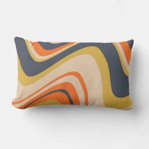 Retro Wavy Lines - Orange, Navy, Yellow, Beige Lumbar Pillow