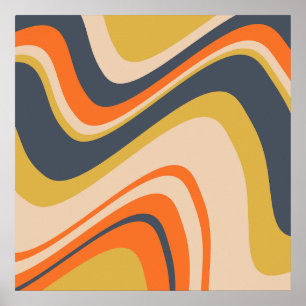Retro Wavy Lines - Orange, Navy, Yellow, Beige Poster