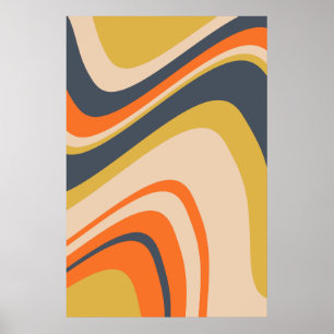 Retro Wavy Lines - Orange, Navy, Yellow, Beige Poster