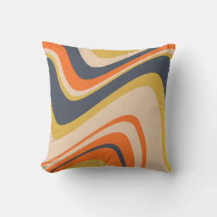 Retro Wavy Lines - Orange, Navy, Yellow, Beige Throw Pillow