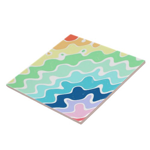 Retro Wavy Lines Pastel Rainbow Colors Pattern Ceramic Tile