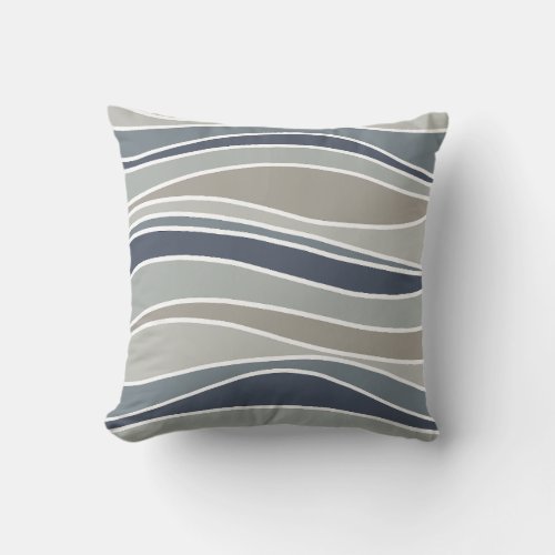 Retro Wavy Lines Pattern Navy Blue Grey Beige Throw Pillow