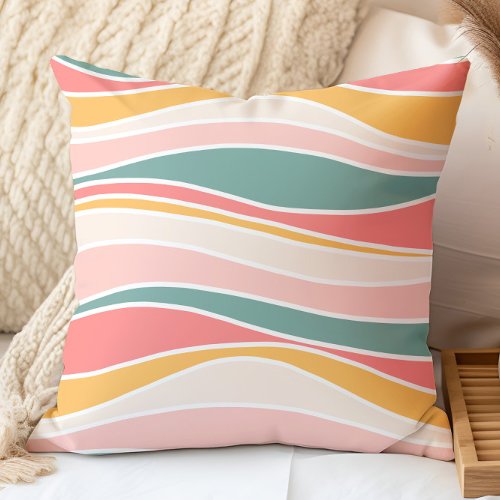 Retro Wavy Lines Pattern Orange Teal and Pink Throw Pillow