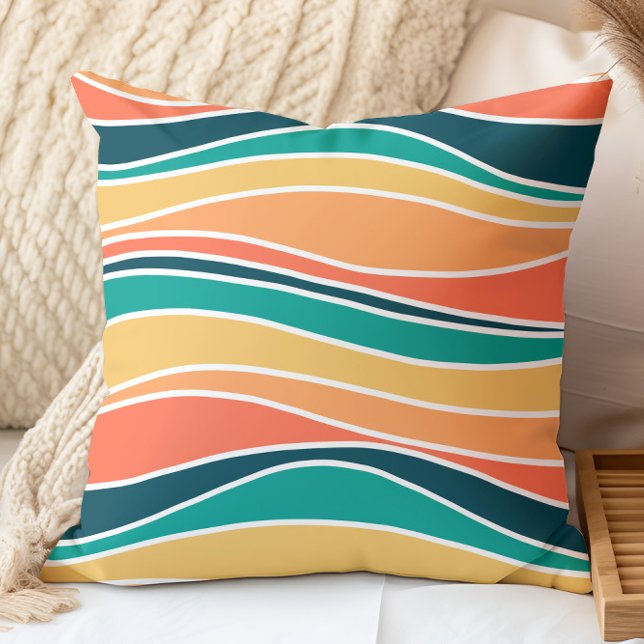Retro Wavy Lines Pattern Teal, Orange, Yellow Throw Pillow (Creator Uploaded)