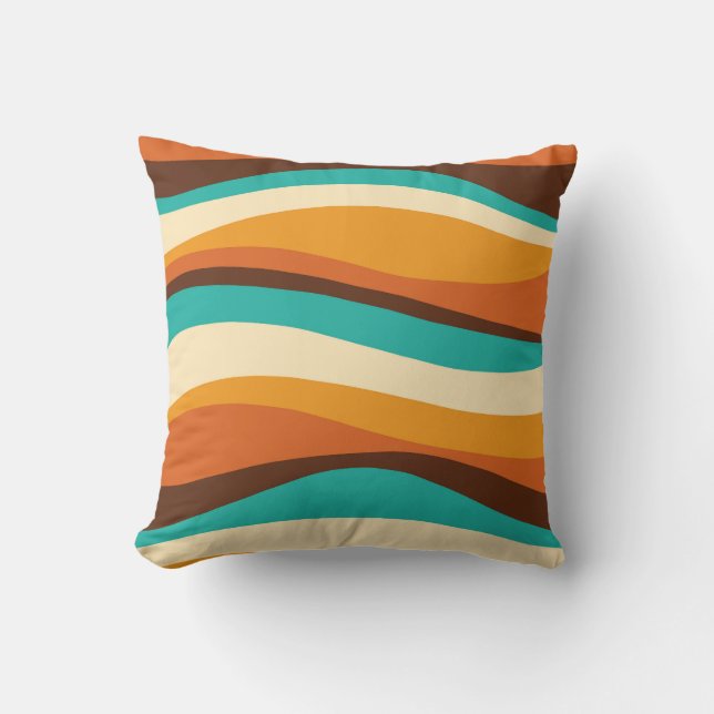Retro Wavy Lines Teal, Orange, Chocolate Throw Pillow (Front)