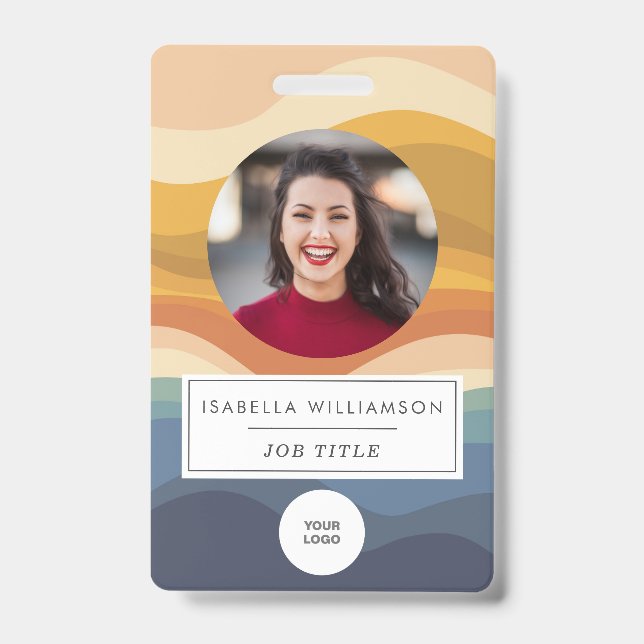 Retro Wavy Lines Unique Employee Photo ID Badge (Front)