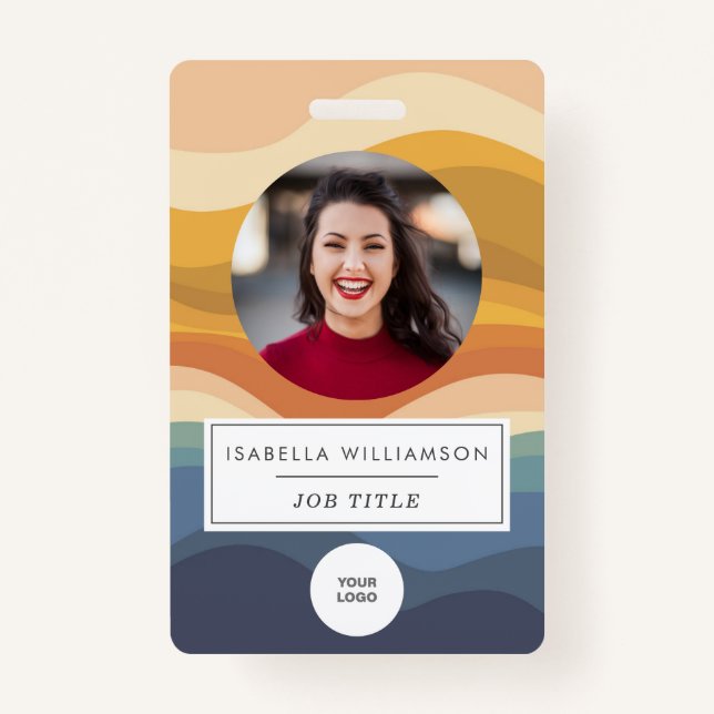 Retro Wavy Lines Unique Employee Photo ID Badge (Front)