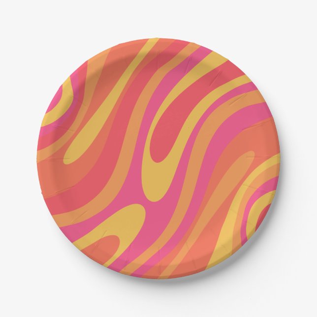 Retro Wavy Loops Trippy Colorful Abstract Pattern Paper Plates (Front)