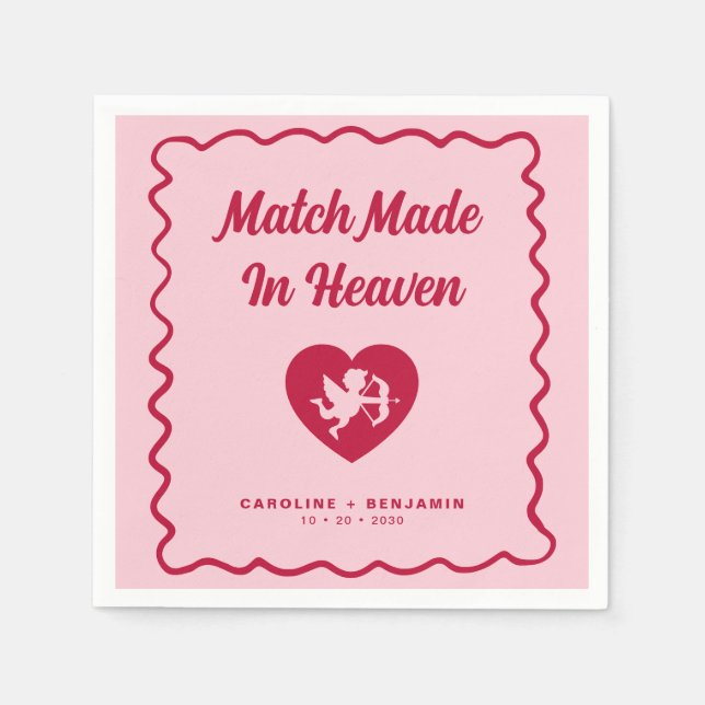 Retro Wavy Match Made In Heaven Cupid Wedding Napkins (Front)