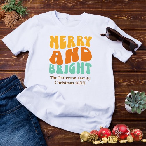 Retro Wavy Merry and Bright Mens Christmas  T_Shirt