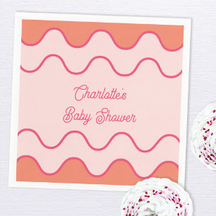 Retro Wavy Orange Pink Curve Baby Shower Napkins