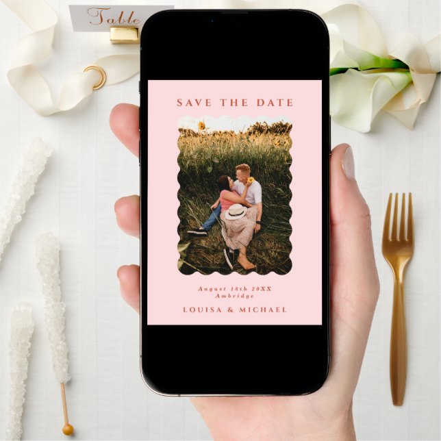 Retro Wavy Photo & QR Code Blush Wedding Save The Date (Front Digital)