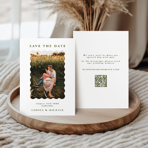 Retro Wavy Photo & QR Code Green & White Wedding Save The Date