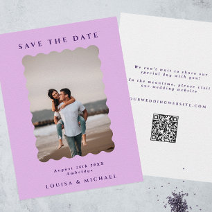 Retro Wavy Photo & QR Code Lilac & Purple Wedding Save The Date