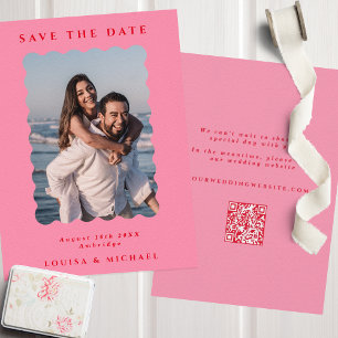 Retro Wavy Photo & QR Code Pink & Red Wedding Save The Date