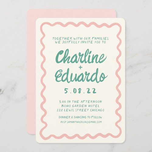 Retro Wavy Pink and Green Handwriting Wedding  Invitation
