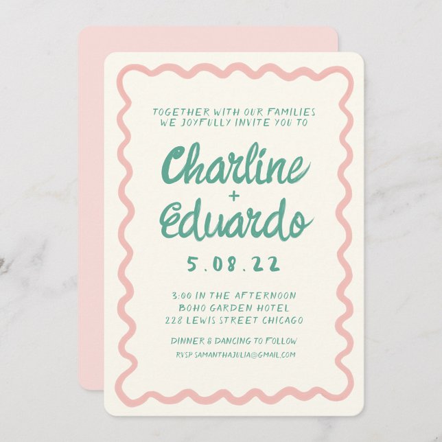 Retro Wavy Pink and Green Handwriting Wedding  Invitation (Creator Uploaded)