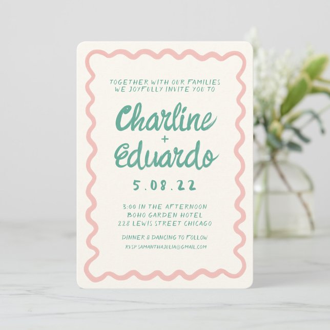 Retro Wavy Pink and Green Handwriting Wedding  Invitation (Creator Uploaded)