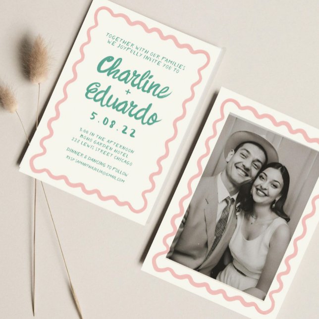 Retro Wavy Pink and Green Handwriting Wedding  Invitation (Creator Uploaded)