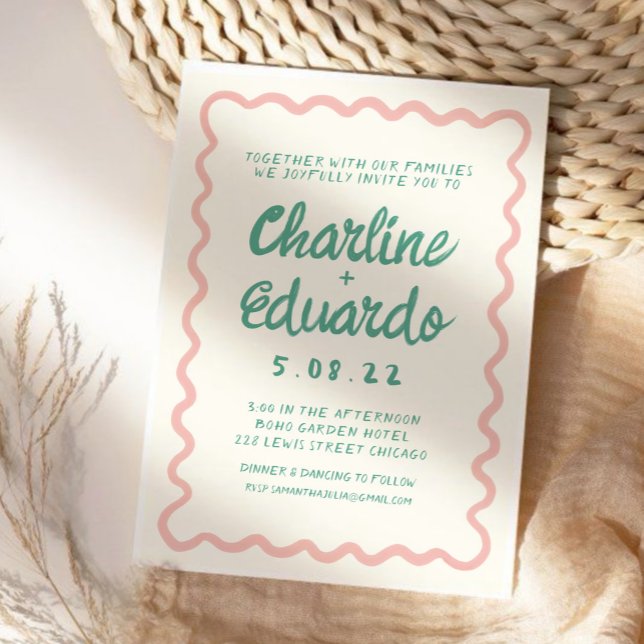 Retro Wavy Pink and Green Handwriting Wedding  Invitation (Creator Uploaded)