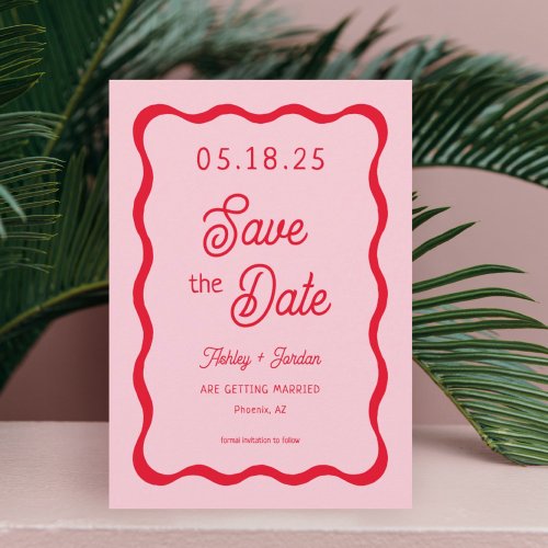 Retro Wavy Pink and Red Wave Wedding Save The Date