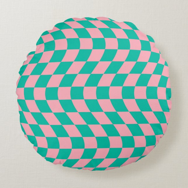 Retro Wavy Pink Green Checks Warped Checkered    Round Pillow (Front)