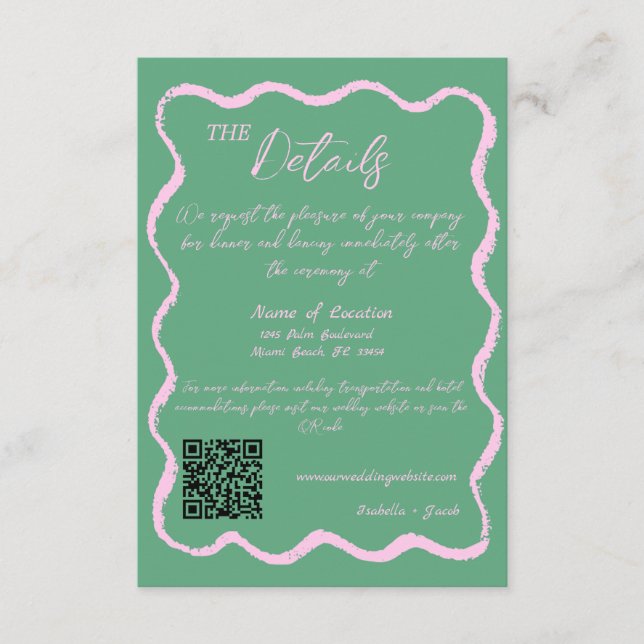 Retro Wavy Pink Green Handwritten Wedding Details Enclosure Card (Front)