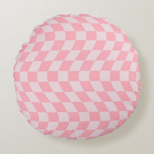 Retro Wavy Pink Lilac Checks Warped Checkered   Round Pillow