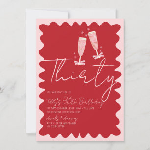 Retro wavy pink red 30th birthday party invitation