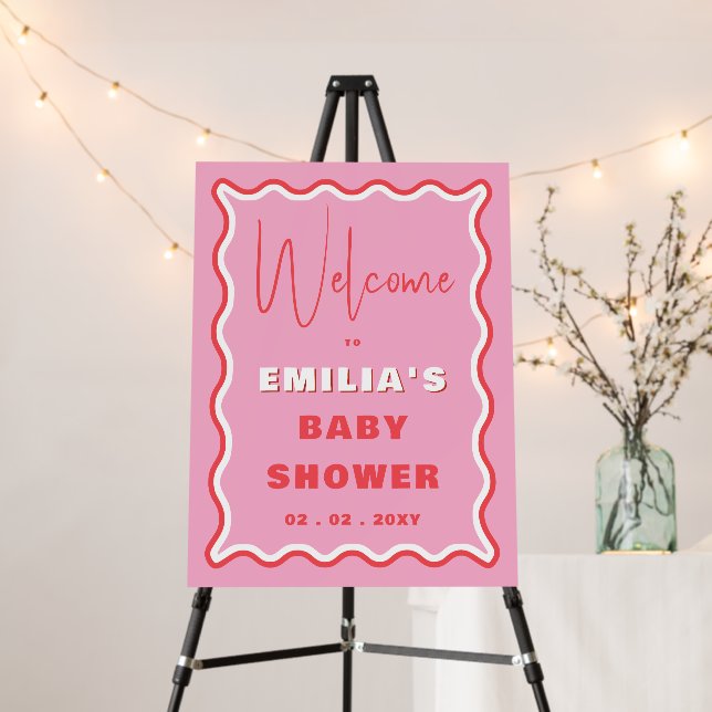 Retro Wavy Pink Red Baby Shower Welcome Sign (In Situ (Stand))