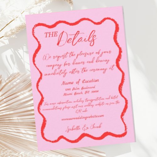 Retro Wavy Pink  Red Handwritten Wedding Details Enclosure Card