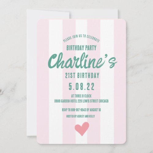 Retro Wavy Pink Striped Handwriting 21St Birthday Invitation