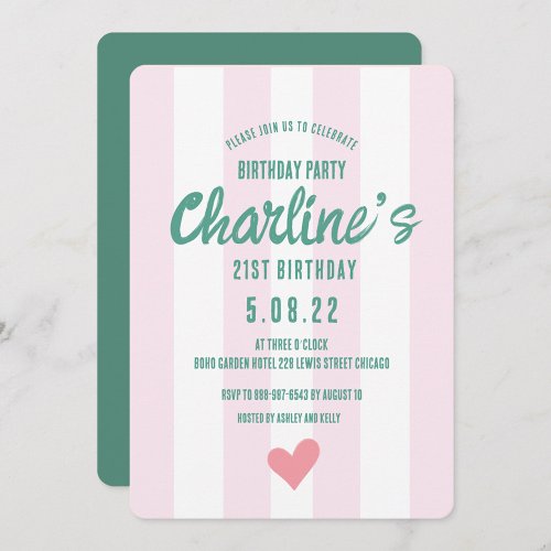 Retro Wavy Pink Striped Handwriting 21St Birthday Invitation