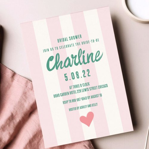 Retro Wavy Pink Striped Handwriting Bridal Shower  Invitation