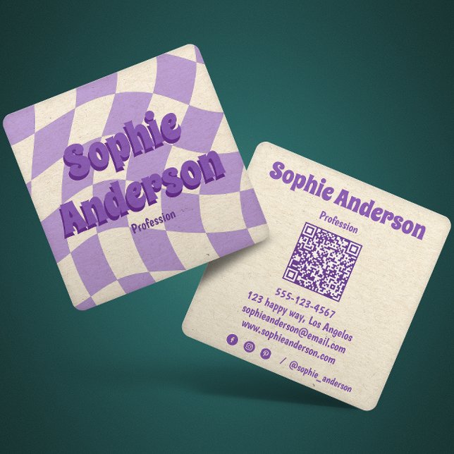 Retro Wavy Purple Checkerboard with QR Code   Square Business Card (Creator Uploaded)