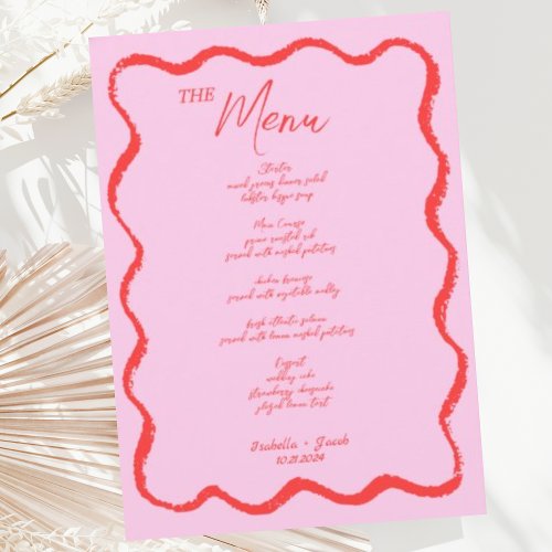 Retro Wavy Squiggle Pink Red Handwritten Wedding  Menu