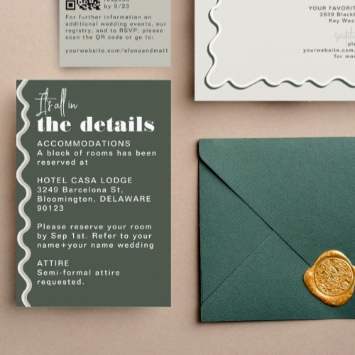 Retro Wavy Squiggly Dark Green Wedding Details  Enclosure Card