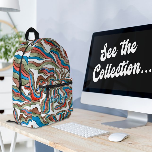 Retro Wavy Stripes Green Blue Red Monogram Name Printed Backpack (Creator Uploaded)