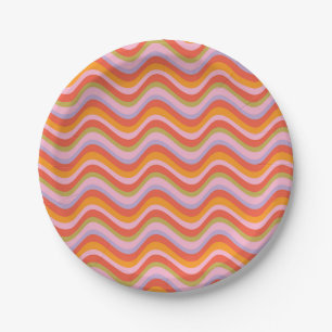 Retro Wavy Stripes in Orange, Pink, and Green Paper Plates