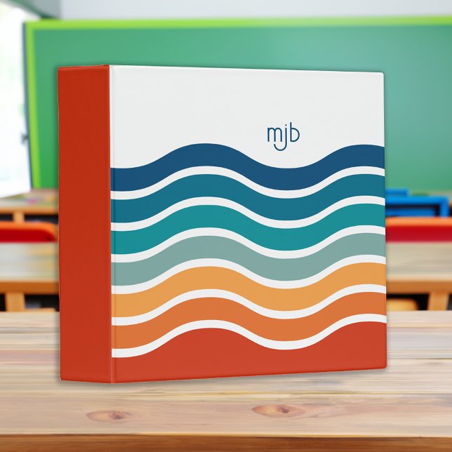 Retro Wavy Stripes Pattern with Your Monogram 3 Ring Binder (Personalize this colorful 3-ring-binder with your monogram initials or other text.)