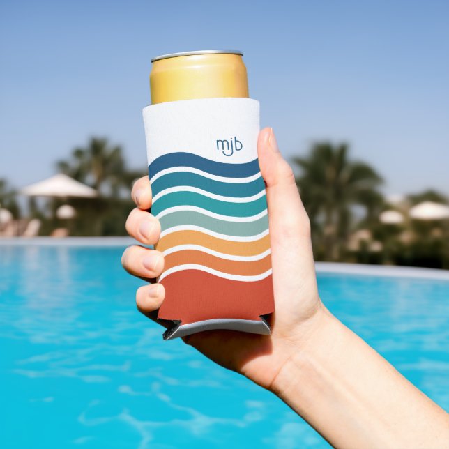 Retro Wavy Stripes Pattern with Your Monogram Seltzer Can Cooler (In Situ Pool)